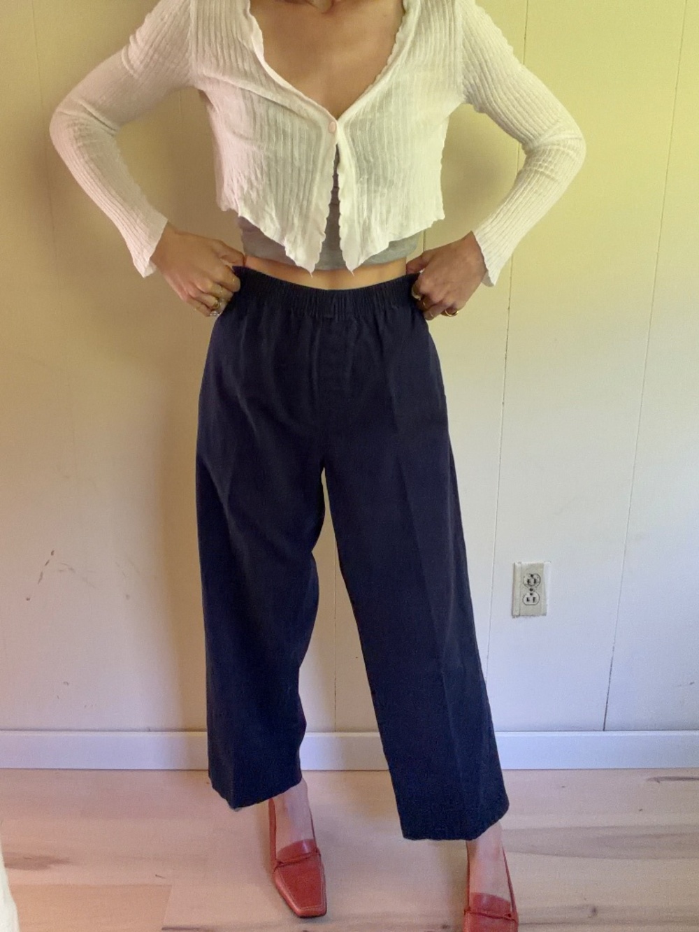 wide legged cropped navy cotton pants European summer old money